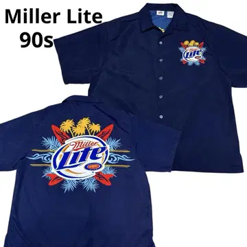 Miller Lite 빅 프린트 기업 로고 네이비 반팔 셔츠 XL