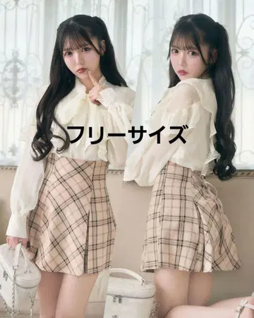 미셸 마카롱 플레어 체크 스커트 베이지 프리 사이즈