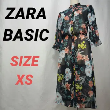 ZARA BASIC 꽃무늬 시어 롱 원피스 7부 소매 올 패턴 밴드 카라