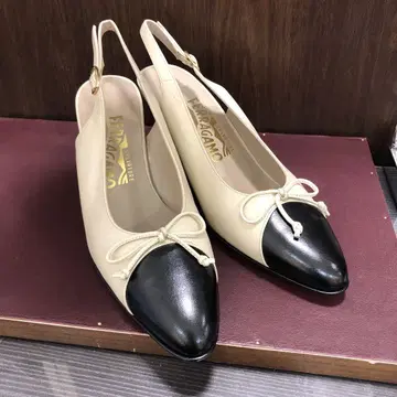 페라가모 펌프스 베이지 블랙 23.5cm 스트랩 리본