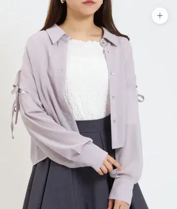 하트 버튼 리본 디테일 시어 라이크 셔츠 라벤더