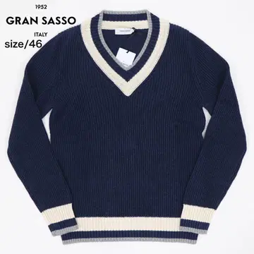 미사용 새상품 GRAN SASSO 코튼 린넨 칠덴 니트 네이비 46