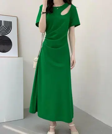 ABI TOKYO 원숄더 컷 A라인 롱 원피스 그린 M