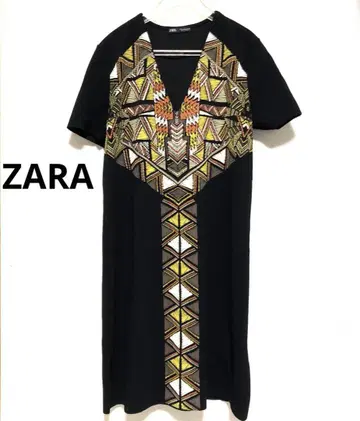 ZARA 자라 반팔 원피스 패턴 에스닉 패턴 모자이크 패턴 블랙