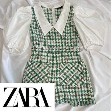 ZARA 올인원 원피스풍 그린 화이트 퍼프 슬리브