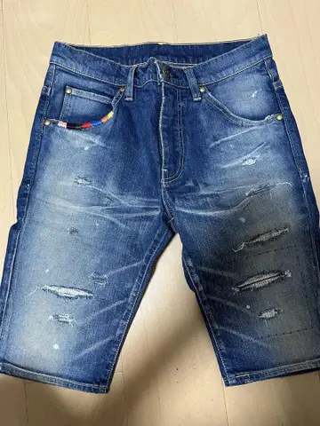 1 PIU 1 UGUALE 3 레인보우 스티치 데미지 크롭 데님 팬츠