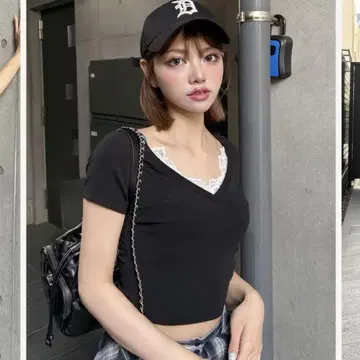 Darich 레이스 V넥 크롭 티셔츠