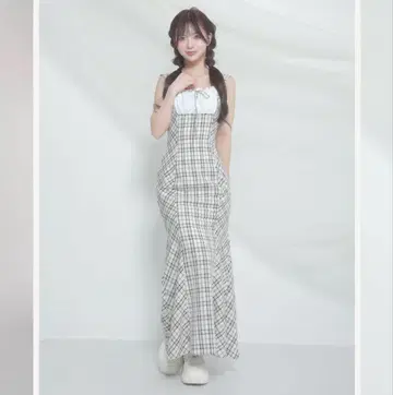 다리치 체크 머메이드 롱 원피스