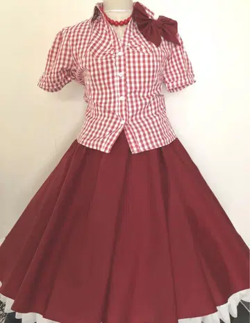 빨간색 깅엄 체크 무늬 서큘러 스커트 세트 로카비리 올디즈 락