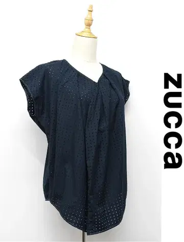 E501/ ZUCCA 블라우스 네이비 나염 시스루 프렌치 슬리브 풀오버