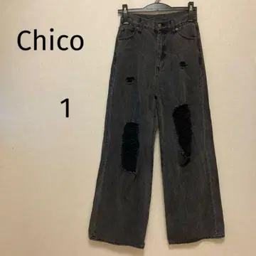 Chico 치코 데미지 가공 그레이 와이드 레그 데님 1 사이즈