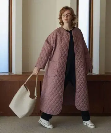 Libra 퀼팅 롱 코트 핑크