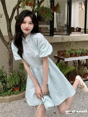 [새상품 미사용] 스카이블루 반팔 A라인 미니 차이나 원피스