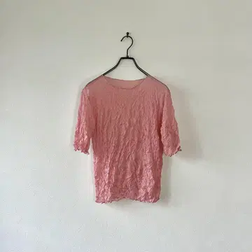 구제 시어 티셔츠 셔링 주름 가공 시스루 핑크 무지 레트로