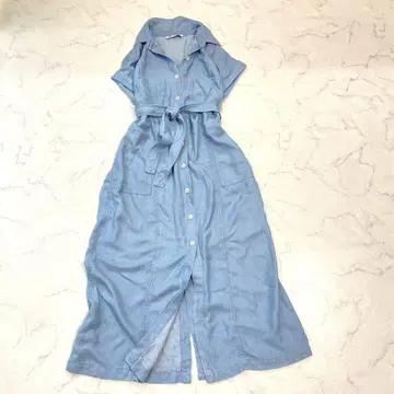 ZARA 자라 데님 린넨 혼방 셔츠 롱 원피스 반팔 L 2way