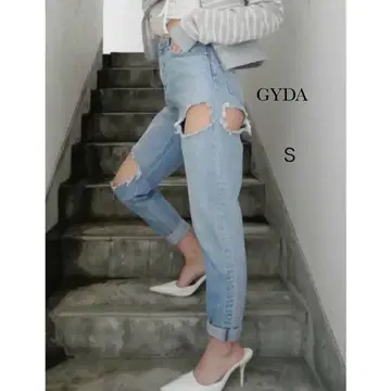 GYDA 데미지 페그 탑 데님 팬츠 S 아이스 블루
