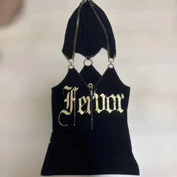 후드 부착 탱크탑 블랙 골드 프린트