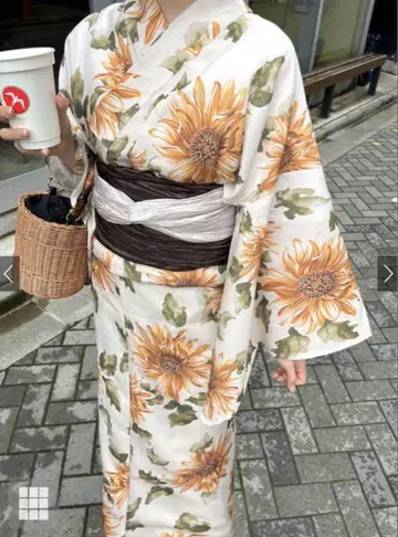 그레일 해바라기 무늬 유카타 다크 브라운 오비 포함