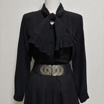 빈티지 플리츠 프릴 스카프 타이 블라우스 블랙 레트로 일본제