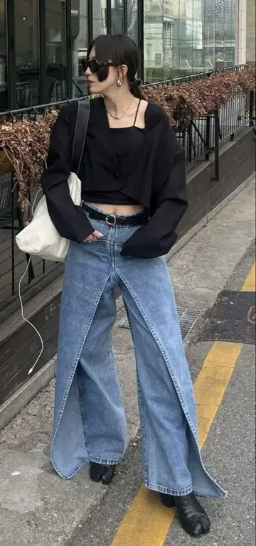 레이어드 데님 배기 팬츠