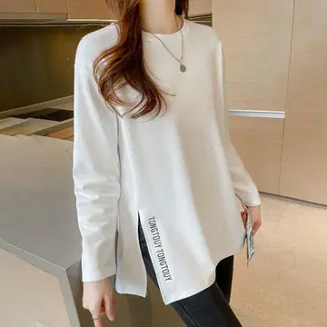 여성용 상의 사이드 스플릿 화이트 티셔츠