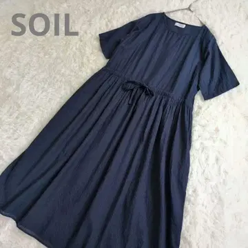 SOIL 소일 네이비 반팔 롱 원피스 허리 리본 스트라이프