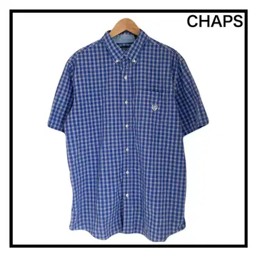 CHAPS 다운 버튼 체크 셔츠 반팔 남성용 블루 코튼 L