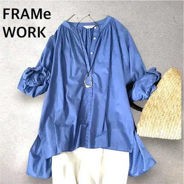컨디션 최상 FRAMeWORK 1.8만 소매 개더 코튼 블라우스 블루