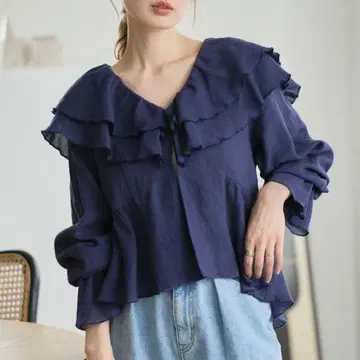 Kastane 메쉬 프릴 블라우스 네이비