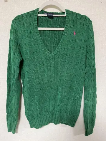 Ralph Lauren Sport 그린 V넥 스웨터 L 핑 로고