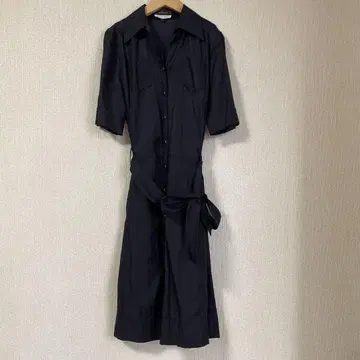 네이비 셔츠 원피스 반팔 허리 리본