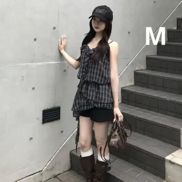 블랙 체크 프릴 아지메 미니 원피스 M 튜닉 emmy