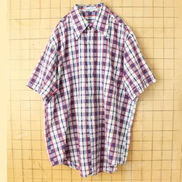 70s 80s USA 반팔 시어서커 체크 셔츠 레드 네이비 L ss40