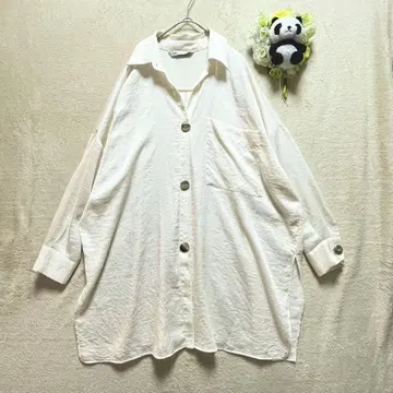 ZARA 남성용 골드 버튼 오버 롱 셔츠 L 아이보리 가슴 포켓 포함