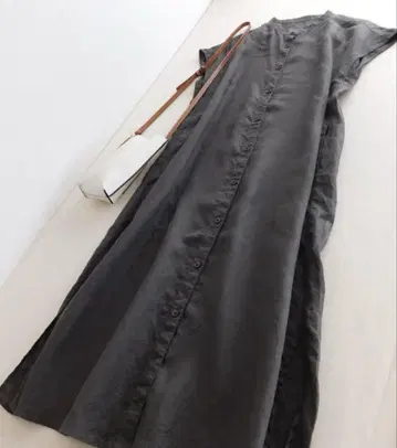 무인양품 린넨 100% 프렌치 슬리브 셔츠 원피스 M 다크 그레이