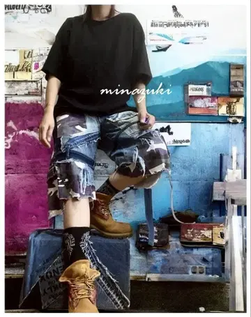 구제 데님 해체 x 재구축 하프 숏팬츠 밀리터리 스타일 카모플라쥬