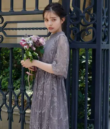 niana 하이넥 레이스 종아리 기장 원피스