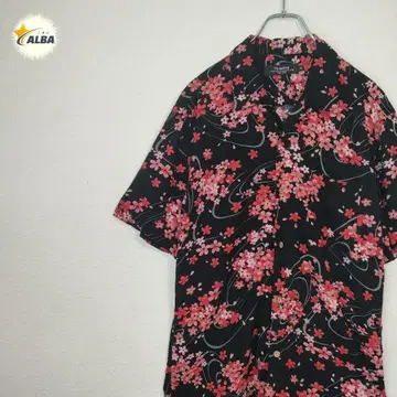 아로하 셔츠 일본풍 패턴 벚꽃눈 빈티지 레이온 블랙 오픈 카라 LL