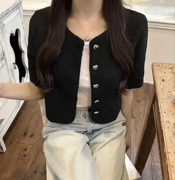 nugu 하트 골드 버튼 반팔 트위드 자켓