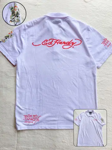 Ed Hardy 화이트 로고 프린트 피케 셔츠 L