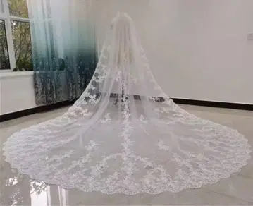 레이스 장식 화이트 웨딩 베일 빗 포함 350cm 3m50cm