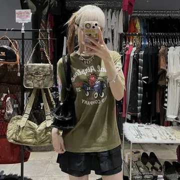데빌맨 카키 피치 T y2k 헤이세이 티셔츠 캐릭터