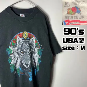 90s 구제 의류 프룻 오브 더 룸 티셔츠 프린트 애니멀 울프 블랙 M