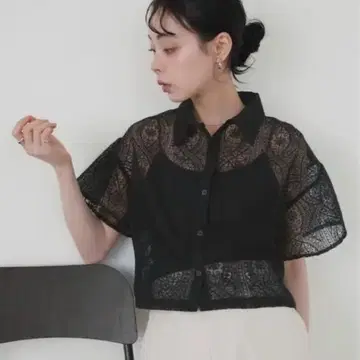 자수 레이스 숏 셔츠 블랙 리안