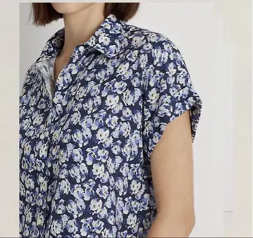 Ralph Lauren 네이비 플라워 프린트 반팔 셔츠 린넨