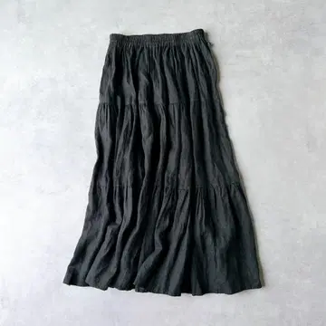 락 마운트 린넨 100% 티어드 롱 스커트 허리 밴딩 블랙