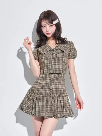 Darich 빅 리본 벌룬 체크 미니 원피스