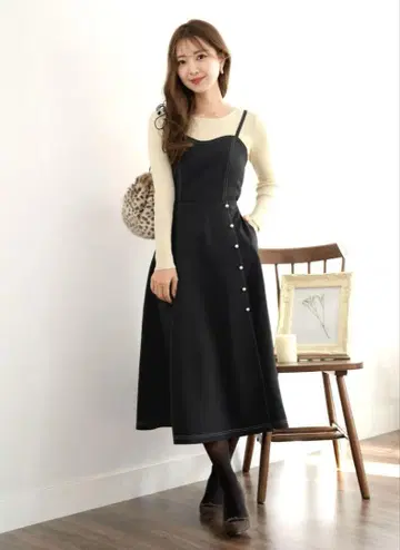 배색 스티치 펄 백 리본 원피스 le reve vaniller