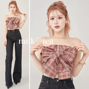 택 포함 새상품 다리치 타탄 체크 리본 베어 탑 레드