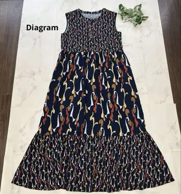 새상품급 Diagram 기하학 패턴 티어드 맥시 길이 원피스 38 네이비